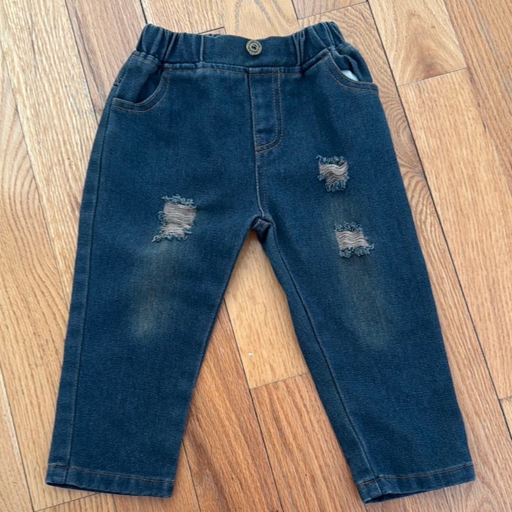 Blue Distressed Denim Jeans with Elastic Waistband